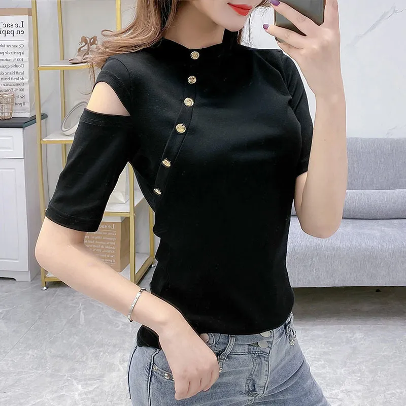 Women's Summer Half-Turtleneck T-shirt Mid-sleeved Button Slim Strapless Korean Sexy Fashion Wild Tees Female Tops PL004 210506