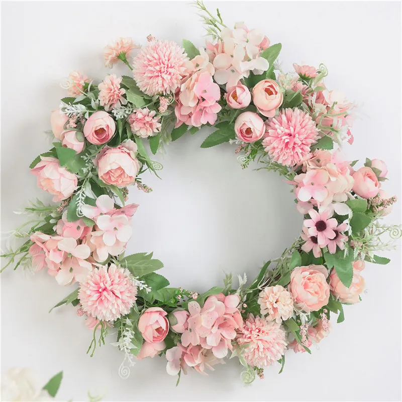 Couronne de fleurs artificielles en soie, Rose, pivoine, pom, hortensia, 16 pouces, couronne ronde de printemps, décoration de maison pour porte d'entrée, fournitures de mariage