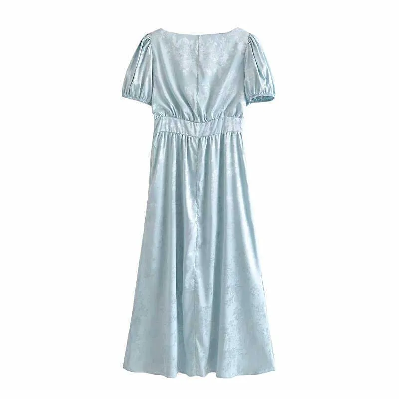 Za Floral Jacquard longue robe d'été femmes manches courtes bouffantes élégantes robes de soirée femme bouton Up Vintage robe froncée 210602