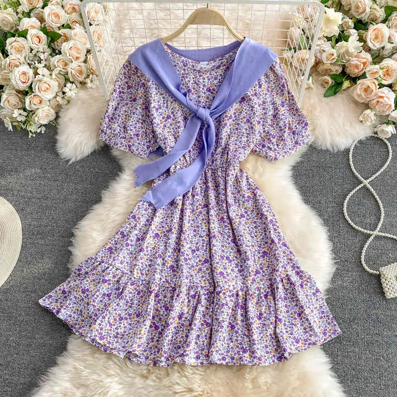 Kimutomo doux Floral Robe femmes Style français à manches courtes col rond taille mince en mousseline de soie Robe femme Vestido solide châle 210521