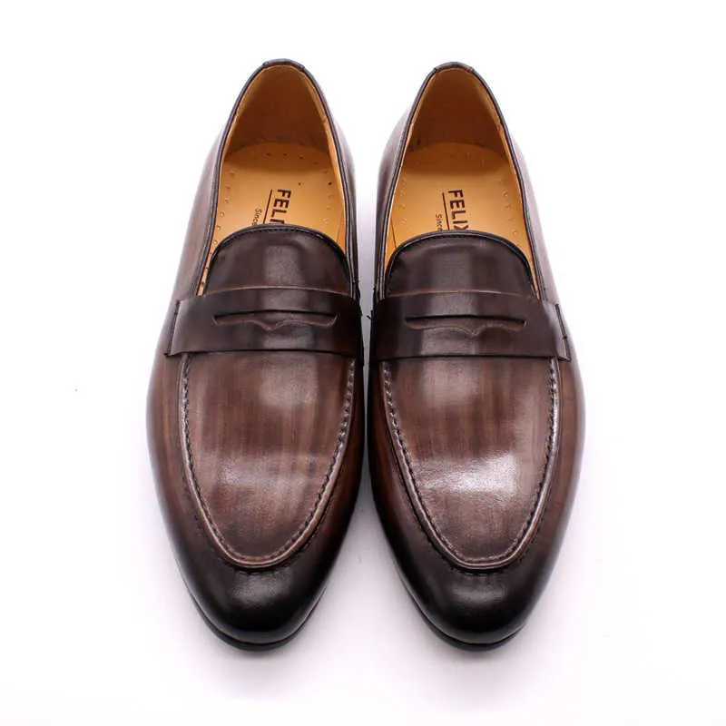 Size 6-13 Spring Autumn Mens Penny Loafers Genuine Leather Hand Painted Slip On Dress Shoes Men Wedding Casual Business 210827