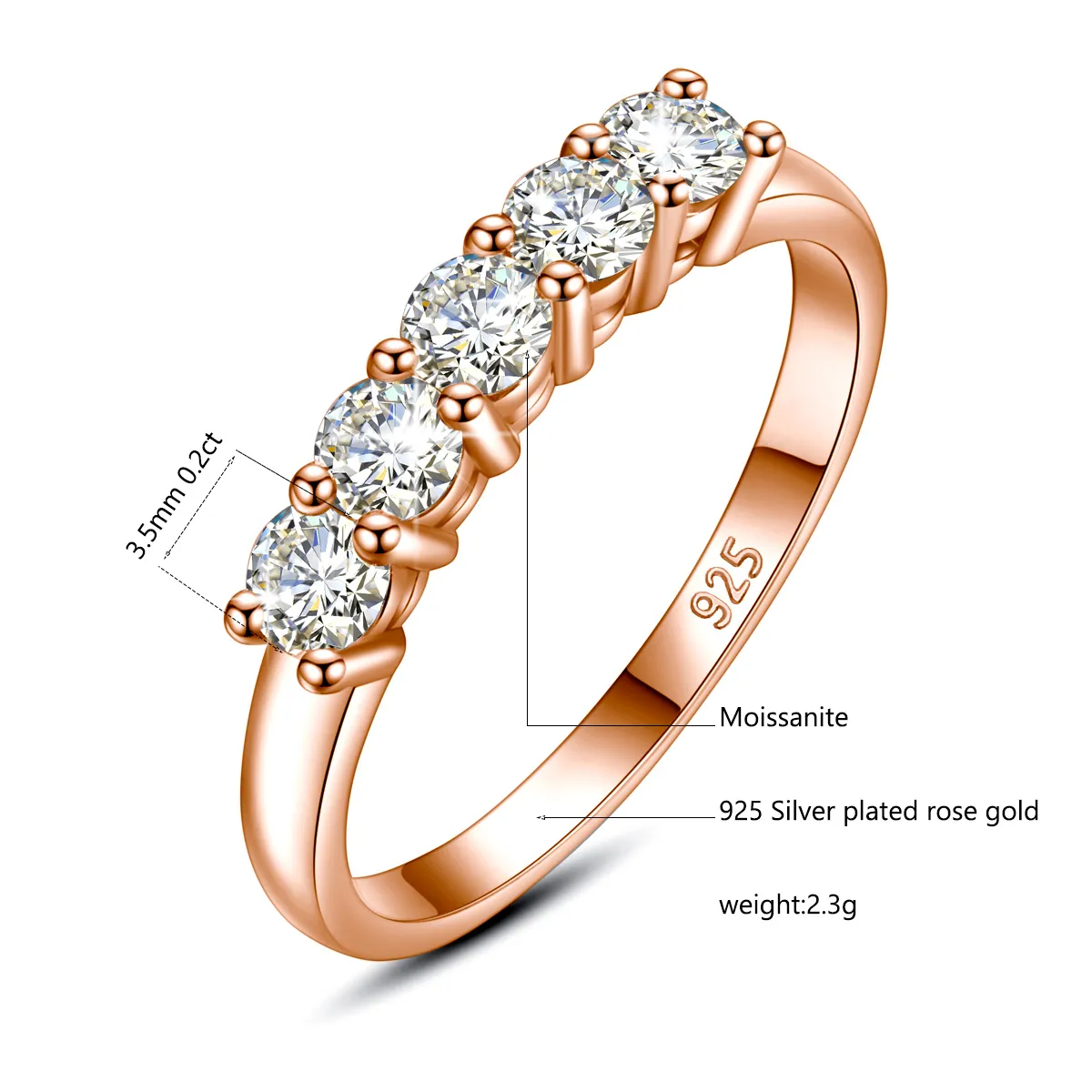 5 돌 Moissanite 다이아몬드 반지 여성 3.5mm 0.2ct 총 1CT 약혼 반지 인증 14K 로즈 골드 컬러 925 실버 쥬얼리