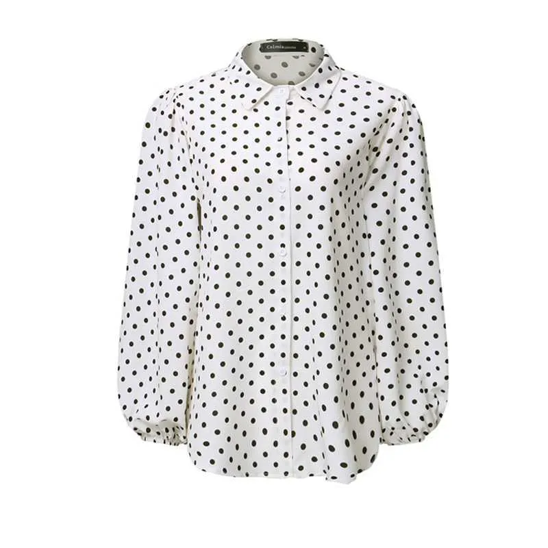 Bahar Kadın Gömlek Beyaz Siyah Puantiyeli Bluz Hırka Moda Kadın Tops Artı Boyutu Fener Kol Bayanlar Giyim 210527