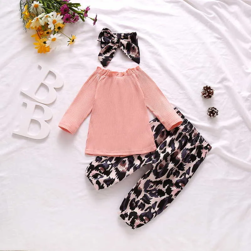 Spring Baby Girls Sets Stripe Långärmad Top + Leopardbyxor Headdress Outfits E10850 210610