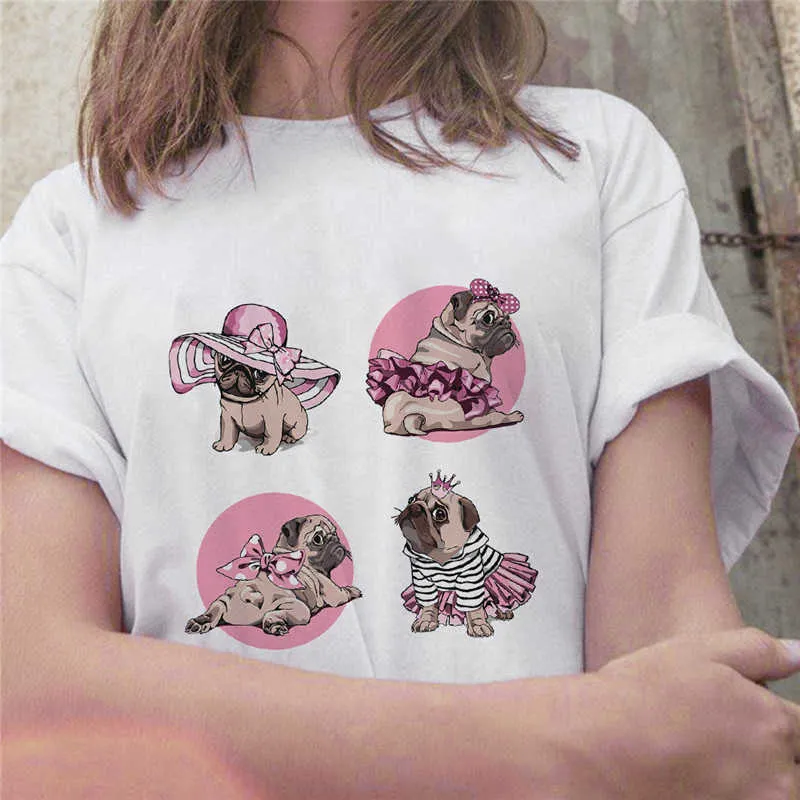 Pintura a óleo lutando impressão mulheres t-shirt de manga curta bonitinho cachorro gráfico t-shirt harajuku moda grunge t-shirt fêmea x0628