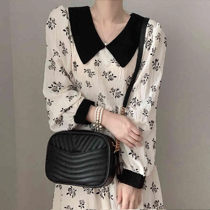 Ezgaga Elegant Floral Printed Dress Women Chic Autumn Vintage Turn-Down Collar Long Puff Sleeve French Style Dresses Vestidos 210430