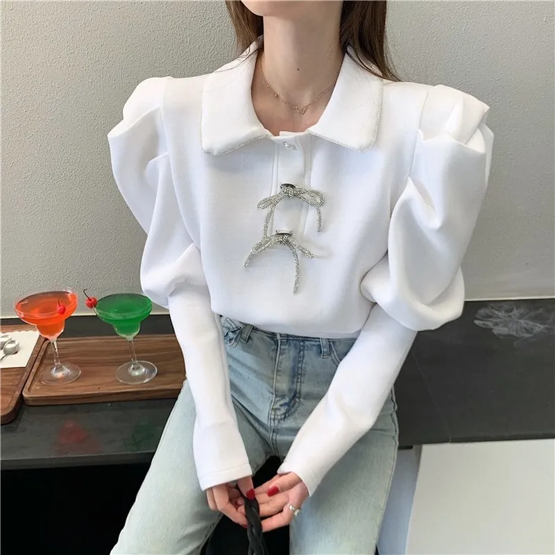 Kimutomo Women Elegant Solid T-shirt Korea Chic Female Turn-down Collar Bow Buttons Puff Sleeve All-matching Tops Casual 210521