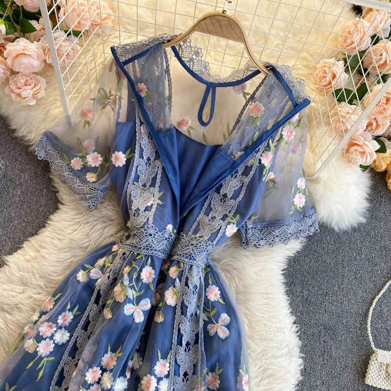 SINGREINY High Quality Mesh Embroidery Flower Dress Women O Neck Short Sleeve A-line Dress Summer Elegant Streetwear Midi Dress 210419