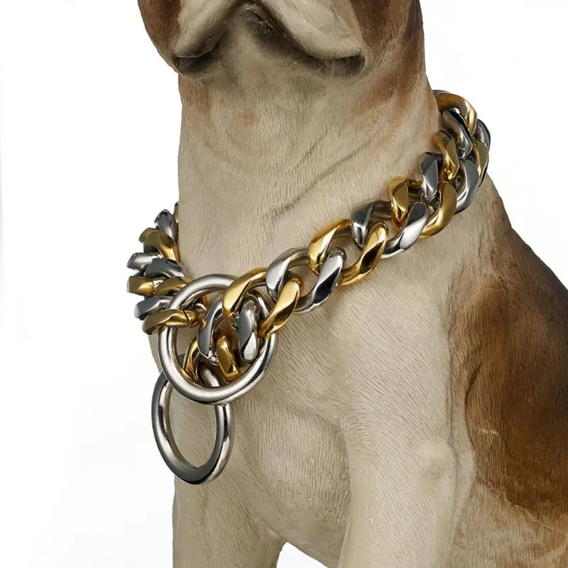 Cor do ouro de aço inoxidável grande cão pet colar segurança corrente colar curb cuba suprimentos inteiro 12-32 chokers233i