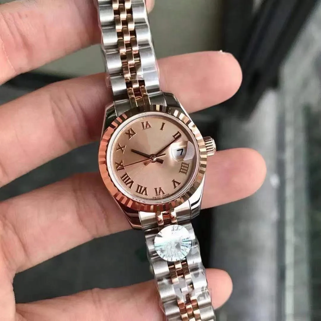 Alta qualidade diamante moda rosa ouro senhoras vestido relógio 28mm mecânico automático relógios femininos pulseira de aço inoxidável bra260p