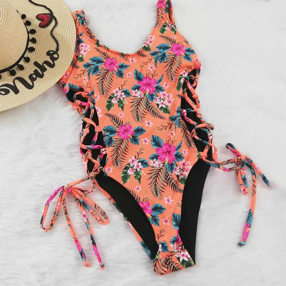 Sexy Ruffle Print Floral Strappy Slimming Swimwear Costume da bagno donna Deep-V Costume da bagno Beach Wear Monkini 210712