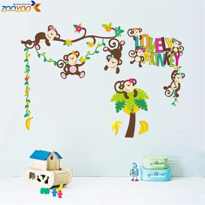 Lovey Monkey Tree Wall Sticker ZooYoo 1217 Décorations de chambre de bébé Stickers de dessins animés Stickers muraux pour enfants Décoration de la maison DIY Art mural 5.0 210420