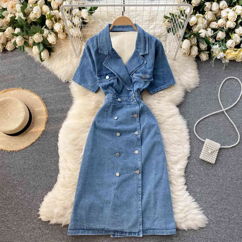 SINGREINY Sexy Backless Denim Dress Women Retro Notched Collar Double Breasted Dress Summer Chic Ruched A-line Split Midi Dress 210419