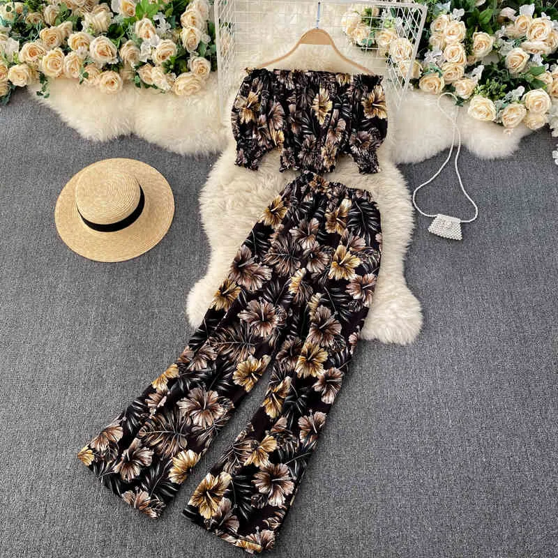 Gagarich Women Set 2021 Spring Autumn French Elegant Retro Female Vacation Style Printed One-Shoulder Shirts High Waist Pants X0428