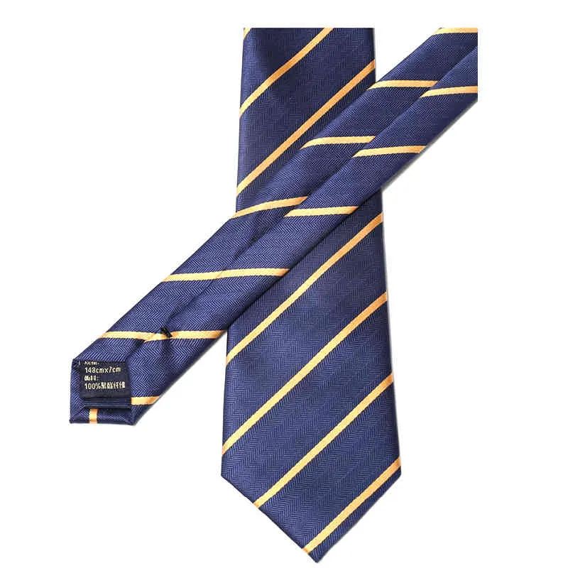 男性のためのラグジュアリーネイビーブルーの縞模様のネクタイの7 cm結婚式のビジネスブランドデザインファッションドレススーツのシルクポリエステルのネクタイギフトボックス