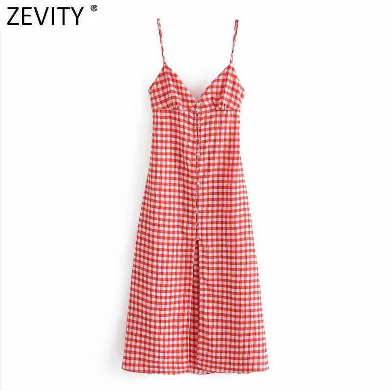 Zevity Women Vintage V Neck Red Plaid Print Breasted Sling Midi Dress Female Sexy Backless Lace Up Vestido Summer Dresses DS8351 210603