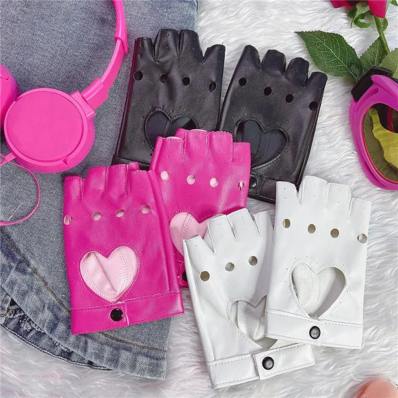 Five Fingers Gloves Fingerless Anime PU Leather Kawaii Heart Black White Pink Fashion Streetwear Women Punk Goth Lolita T436218R