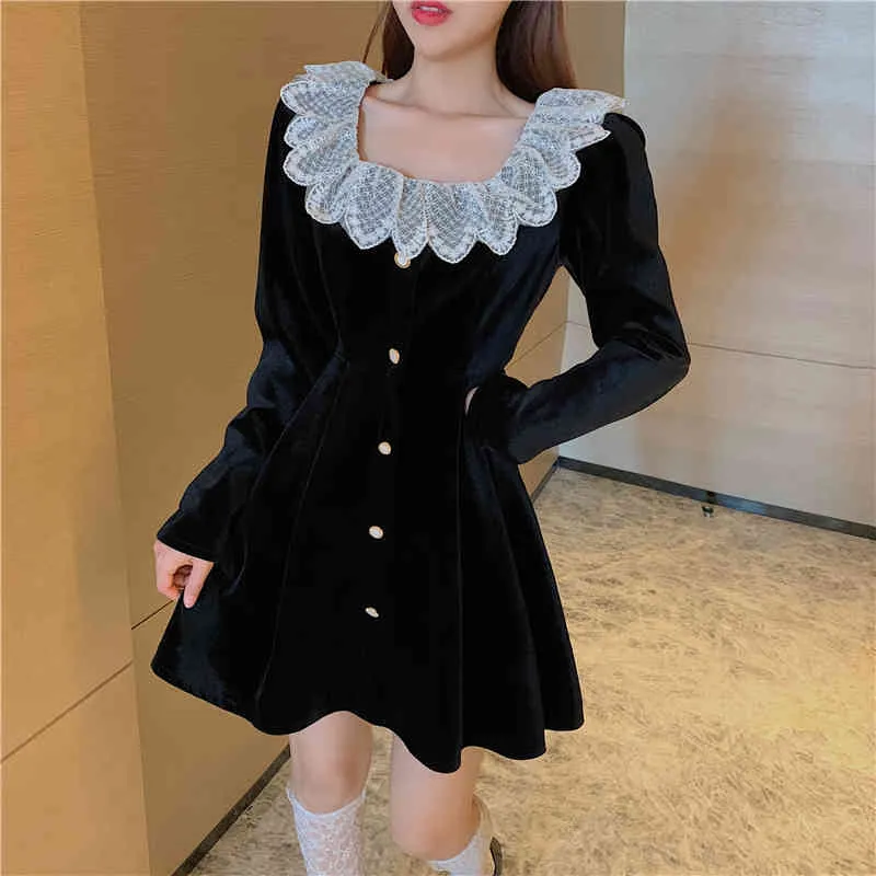 Élégante taille haute velours robe à manches longues automne printemps vintage dentelle volants col carré noir femmes robes 866B 210420