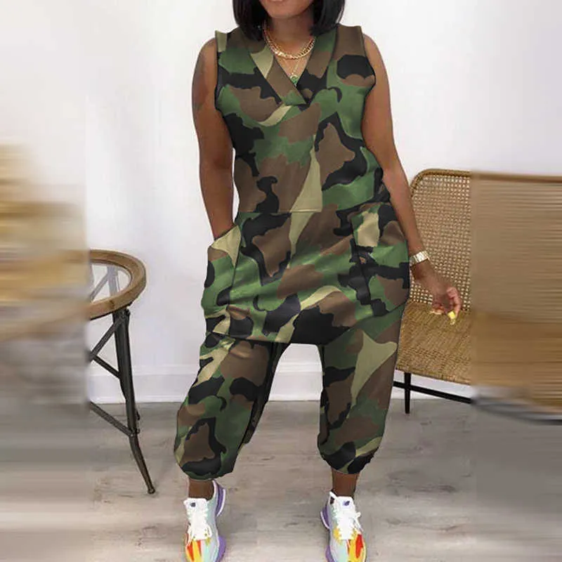 Frauen Mode Lässig Ärmellose Overalls Overalls V-ausschnitt Tasche Design Camouflage Print Overall 210716