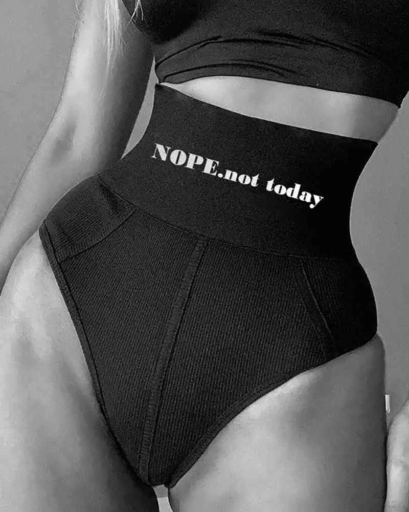 Nouveau Femmes Lettre Imprimer Taille Haute Culotte Maigre Slip Sport Élastique Côtelé Shaper Sous-Vêtements 210415