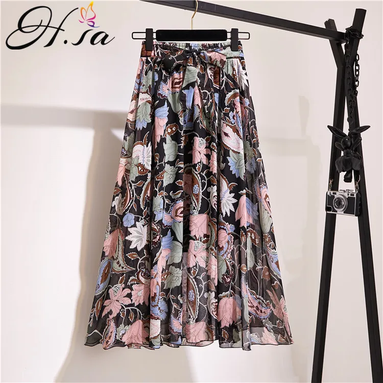 HSA Summer Women Bow Tie Elastico Vita Lunga Pieghelata Gonna Saias Floral Chiffon Kawaii Tutu Gonne Jupe Longue Femme 210417