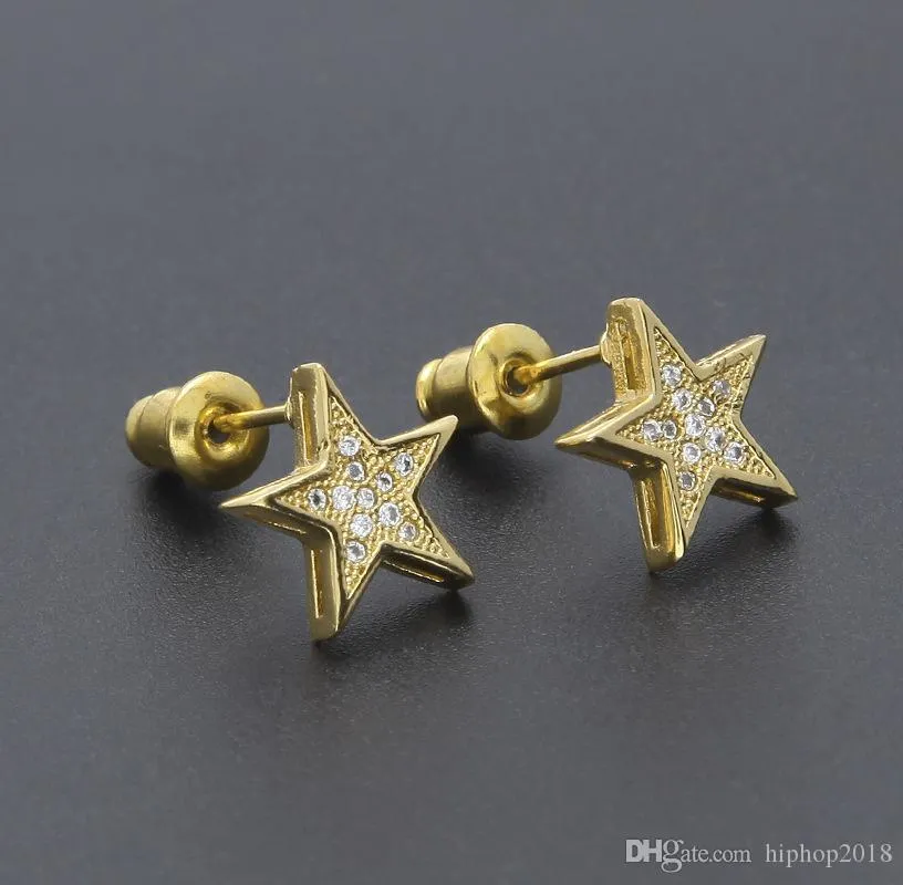 Mens Hip Hop Stud Earrings Jewelry Fashion High Quality Gold Silver Five-pointed Star Earring For Men