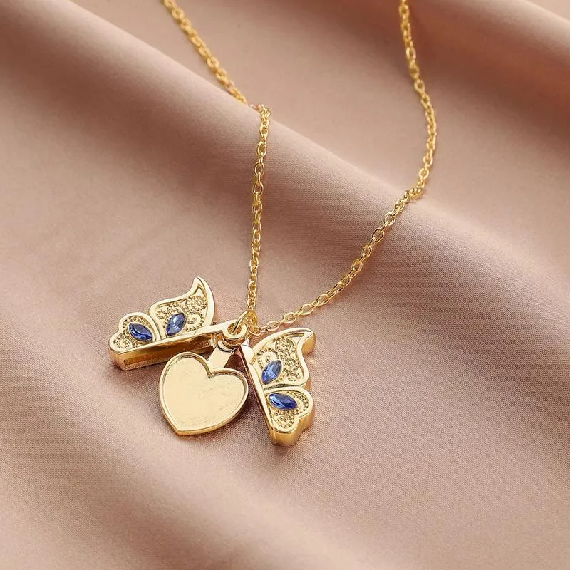 Collares colgantes Karopel Imagen Cristal Mariposa Abrible Po Caja Collar Azul Ala Memorial Regalo261t