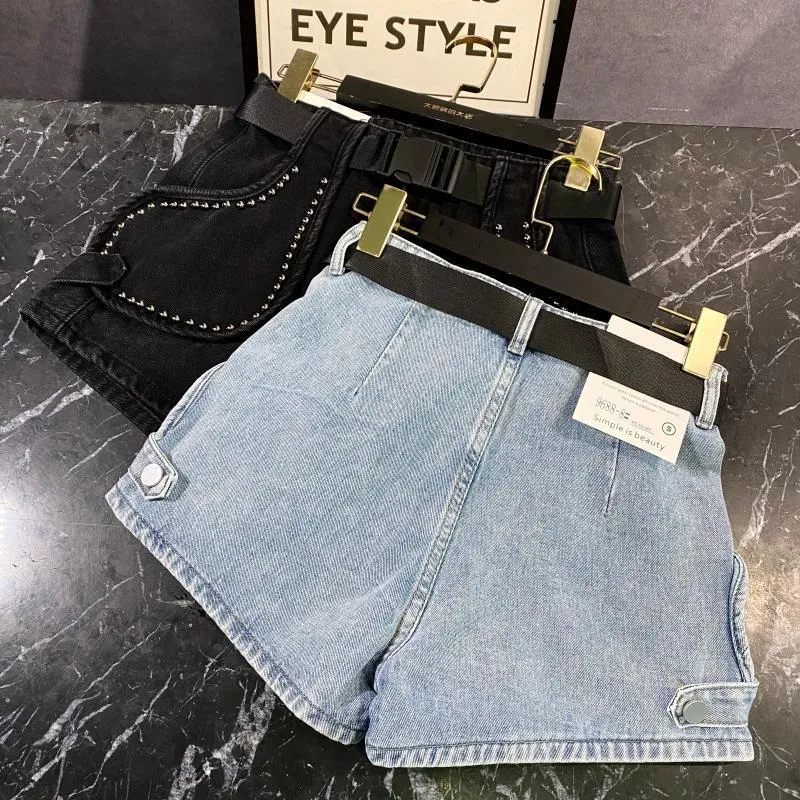 Été personnalité femmes mode Sexy ceintures métal Rivet bord conception avec ceinture Denim Shorts femme SB137 210427