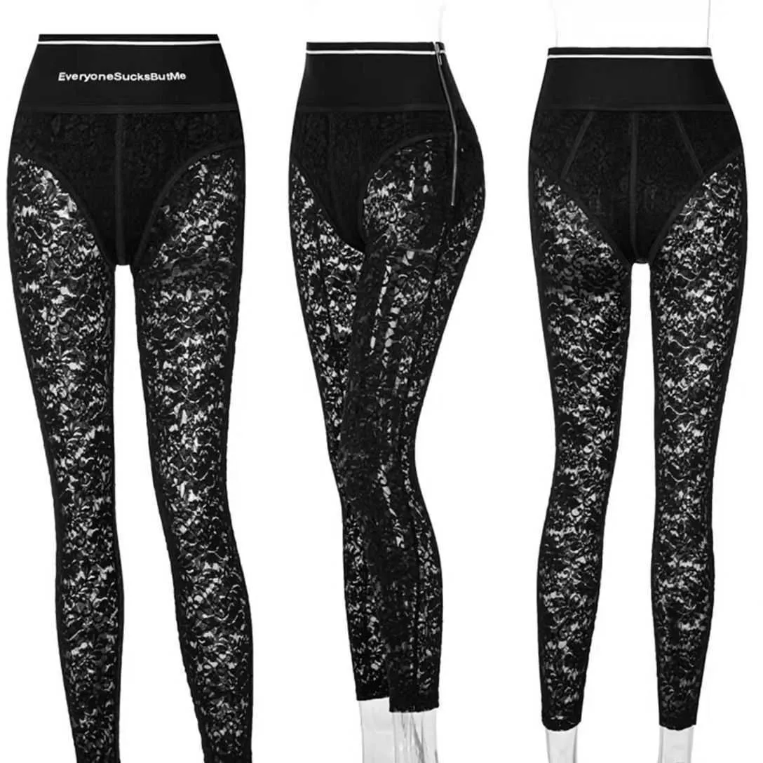 Woman Lace Pants Designer Letter Printing Sexy Hollow Out Leggings Side Zipper New Fashion High Waist Long Trousers