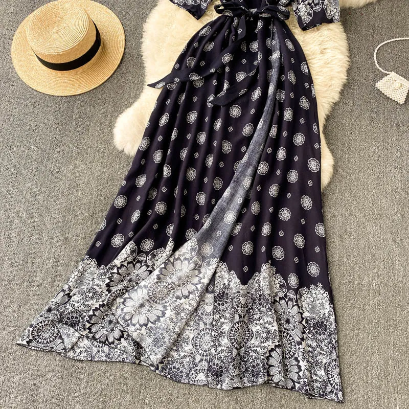 Summer Korean Fashion Bohemian Beach Long Dress Women Retro Print Wrap Dress V Neck Short Sleeve Lace Up A-line Dress 210521