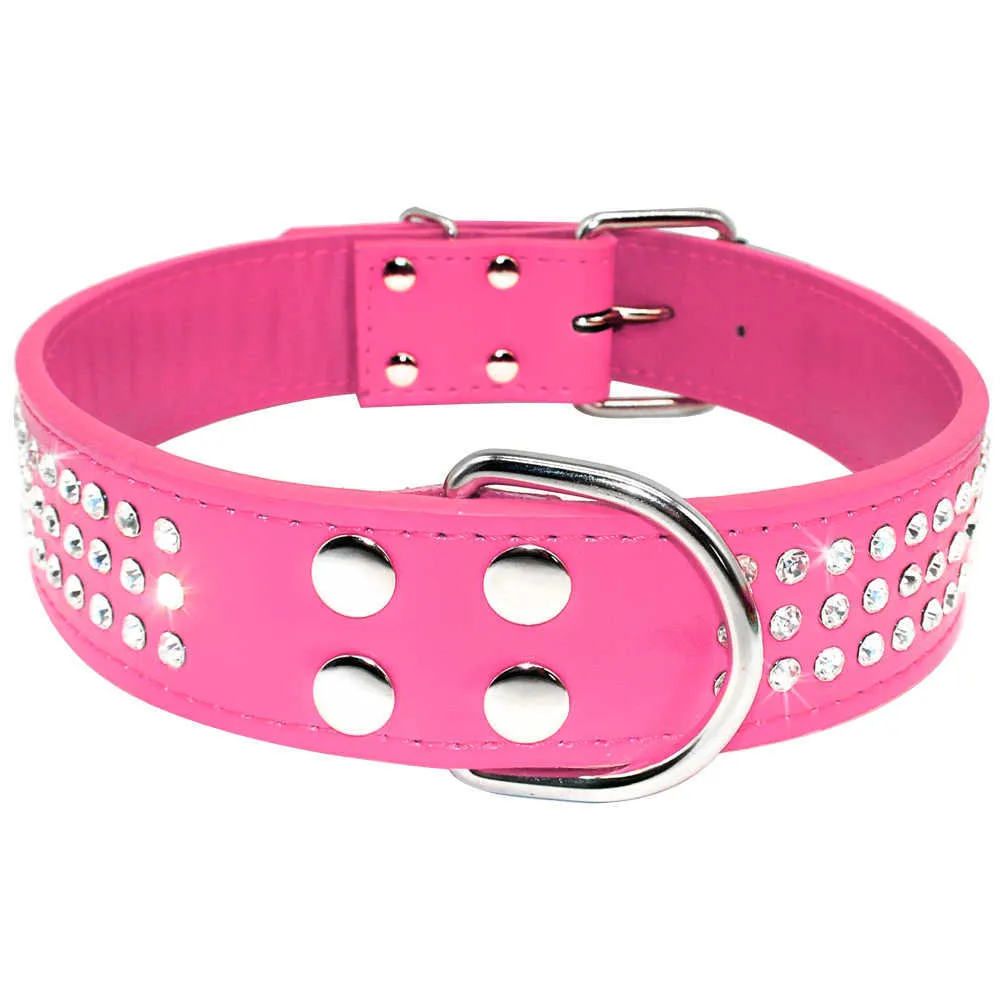 Luxe bling lederen halsbanden kristal diamante kraag verstelbaar roze voor middelgrote grote honden PET-product voor dier 210729