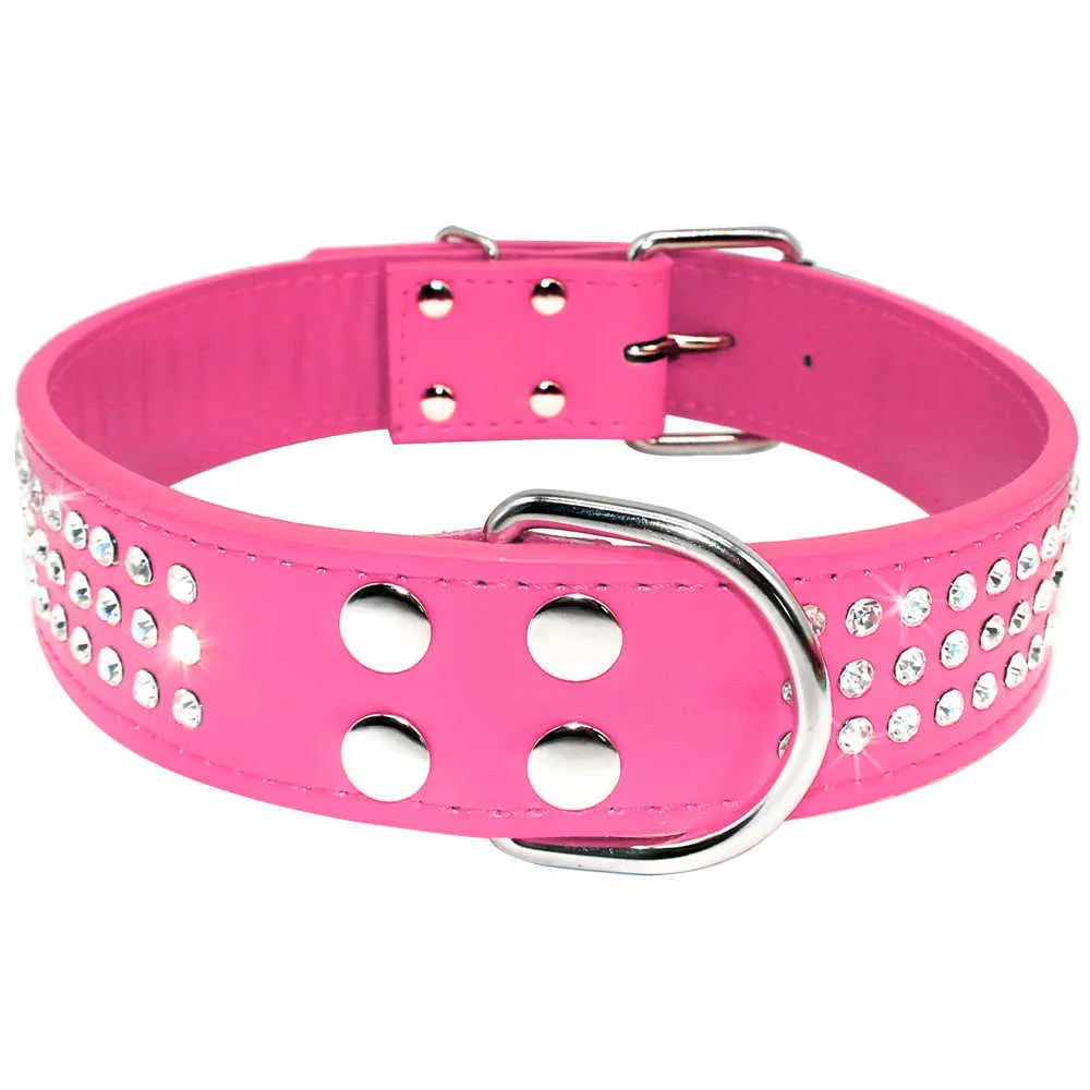 Luxury Bling Leather Dog Collars Crystal Diamante Collar Adjustable Pink For Medium Large Dogs Pet Product For Animal 210729