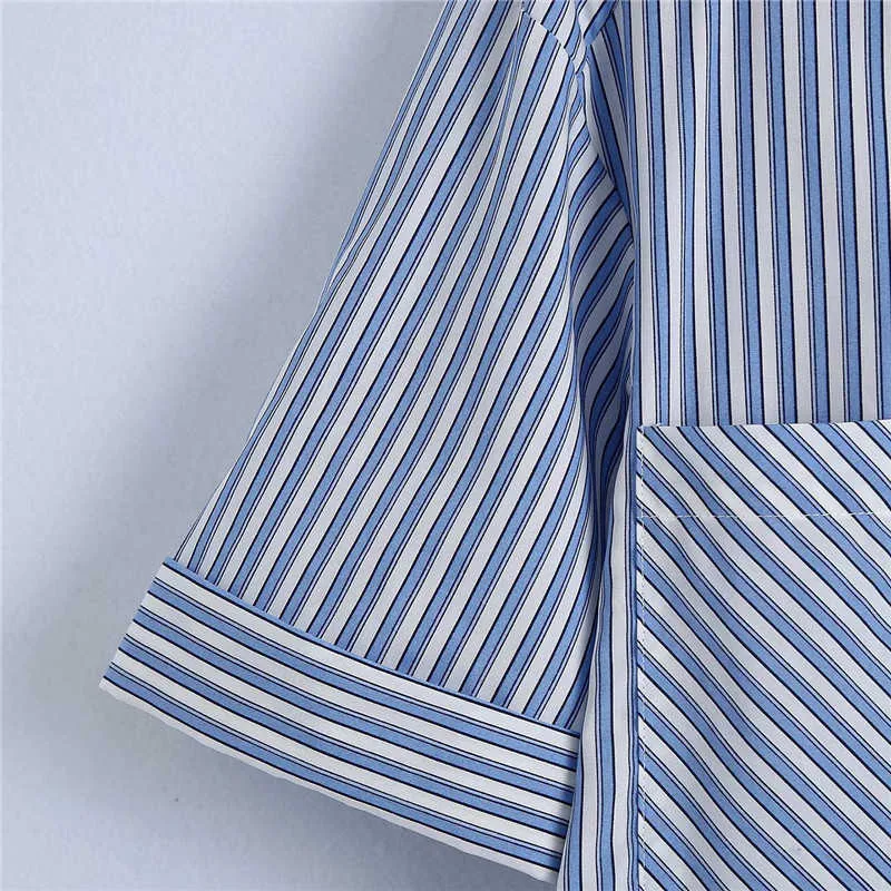 Za Blue Striped Ruffle Mini Dress Women Short Sleeve Button Up Casual Retro Dresses Woman Fashion Patch Pockets Vestidos 210602