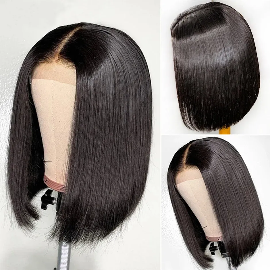Angie Queen Straight spetsfront peruk brasiliansk 180 densitet peruker för kvinnor mänskliga hår före plockat remy hår kort bob spets wig2891876645111