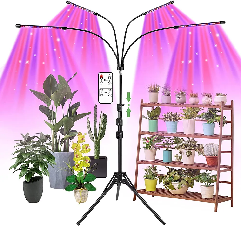 LED Grow Lights 4 Heads Indoor Plants Full Spectrum Light Tripod Adjustable Stand Floor 4 8 12H Timer with Remote Control2573