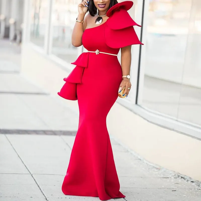 Women One Shoulder Christmas Party Dress Red Maxi Ruffles Celebrate African Mermaid Long Bodycon Dresses Gowns Plus Size XXL 210416