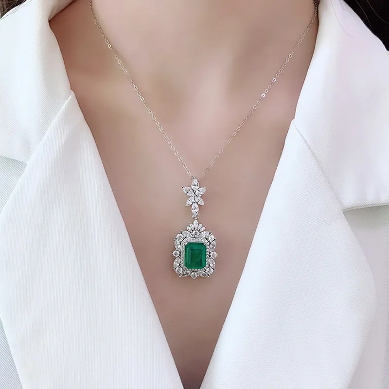 OEVAS 100 925 Sterling Silver 911mm Synthetic Emerald Pendant Necklace For Women Sparkling High Carbon Diamond Fine Jewelry8492491