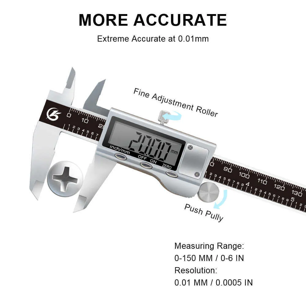 Digital Vernier Caliper 6 Inch 150mm Acciaio inossidabile Micrometro elettronico in metallo Strumenti di misurazione della profondità 210810