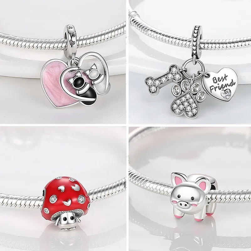 925 Sterling Silver Monkey Beads Fox Coruja Charme Cat Encantos Flor Bee Pingente Fit Pandora Pulseira Jóias DIY Presente