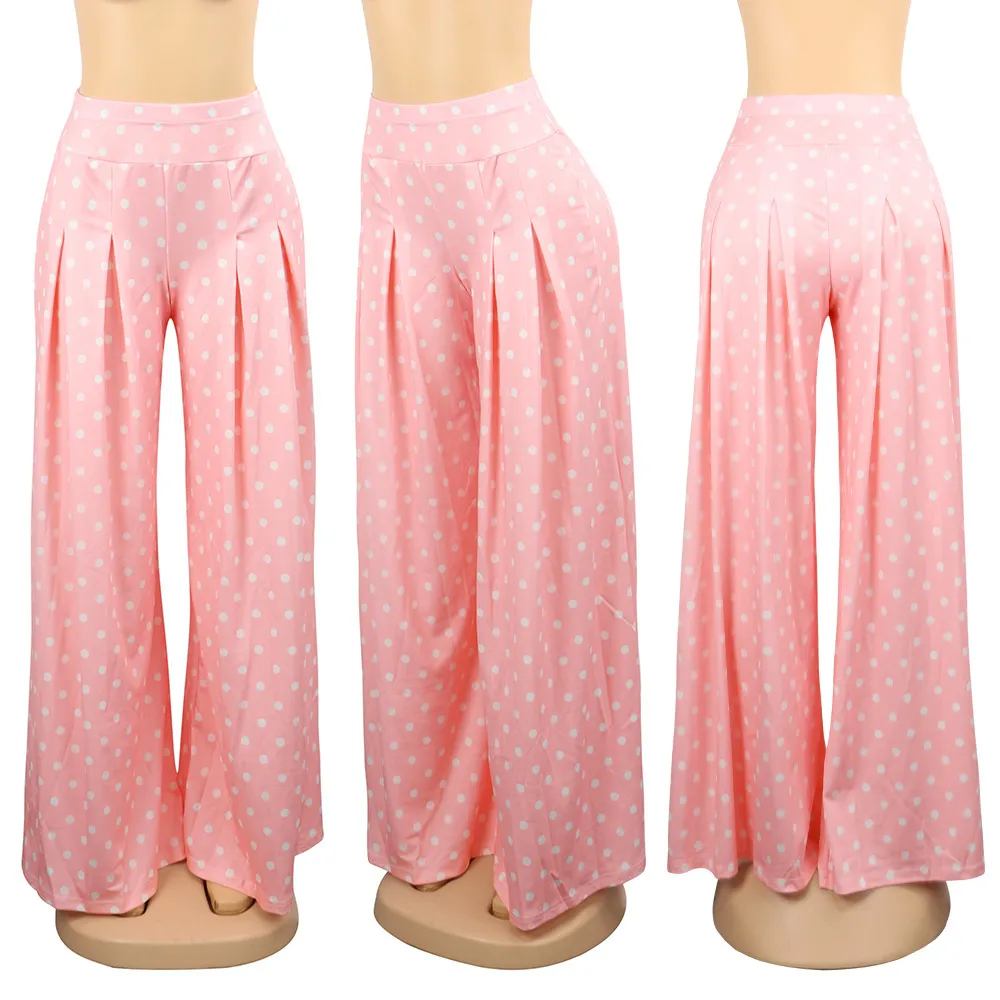 Verão largo perna rosa bolinhas calças elásticas casuais cintura alta boho calças mulheres comprimento total solto fundo pantalone 210517