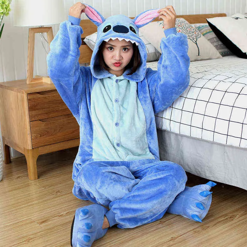 Hiver Femmes Hommes Unisexe Adulte Mignon Dessin Animé Onesies Animal Pyjamas Unicornio Licorne Point Flanelle Vêtements De Nuit Combinaison Pijamas 211109