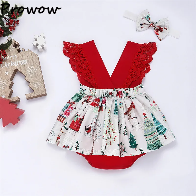 Prowow私の最初のクリスマスの女の赤ちゃん服クリスマスプリントロンパースVネックレースボディスーツfor Borns Year Costume 220211