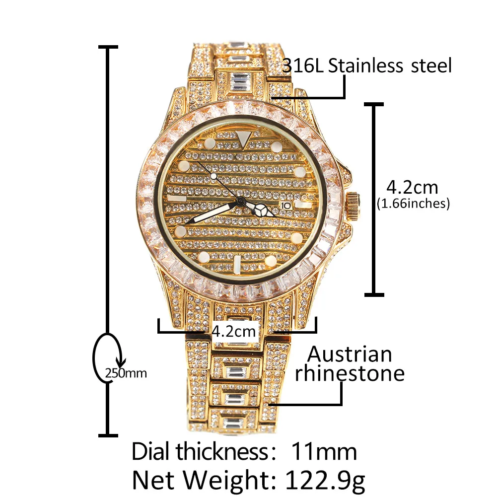 Nieuwe hoogwaardige hiphop kleurrijk horloge 316L roestvrijstalen kas deksel volledige diamant kristallen band horloges kwarts pols horloges pu215j