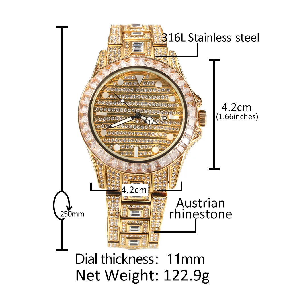 Ny högkvalitativ hiphopfärgad klocka 316L rostfritt stålfodral täcker full diamantkristallband klockor kvarts handledsklockor pu215j