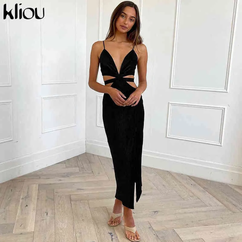 Kliou Sexy Midnight Maxi Dress Women Undefined Irregular Side Shape Hollow Out Camisole Jurk Hipster Sleeveless Female Clubwear Y1204