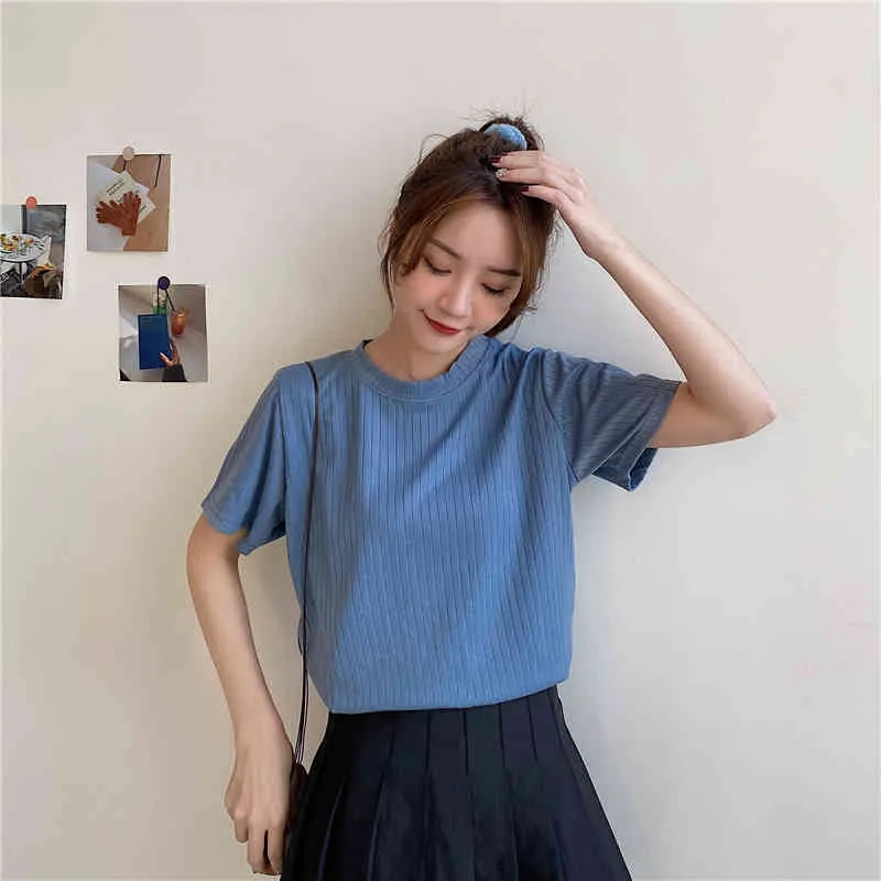韓国のシックな女性ソリッドスリムな短いストリートウェアコットンファッション緩いスタイリッシュなスタイリッシュなすべてのマッチプラスサイズのTシャツ210421