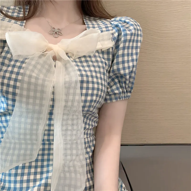 Doce Bowknot puxar manga xadrez verão vestido mulheres coreano moda elegante mini vestidos vestidos robe femme 210514