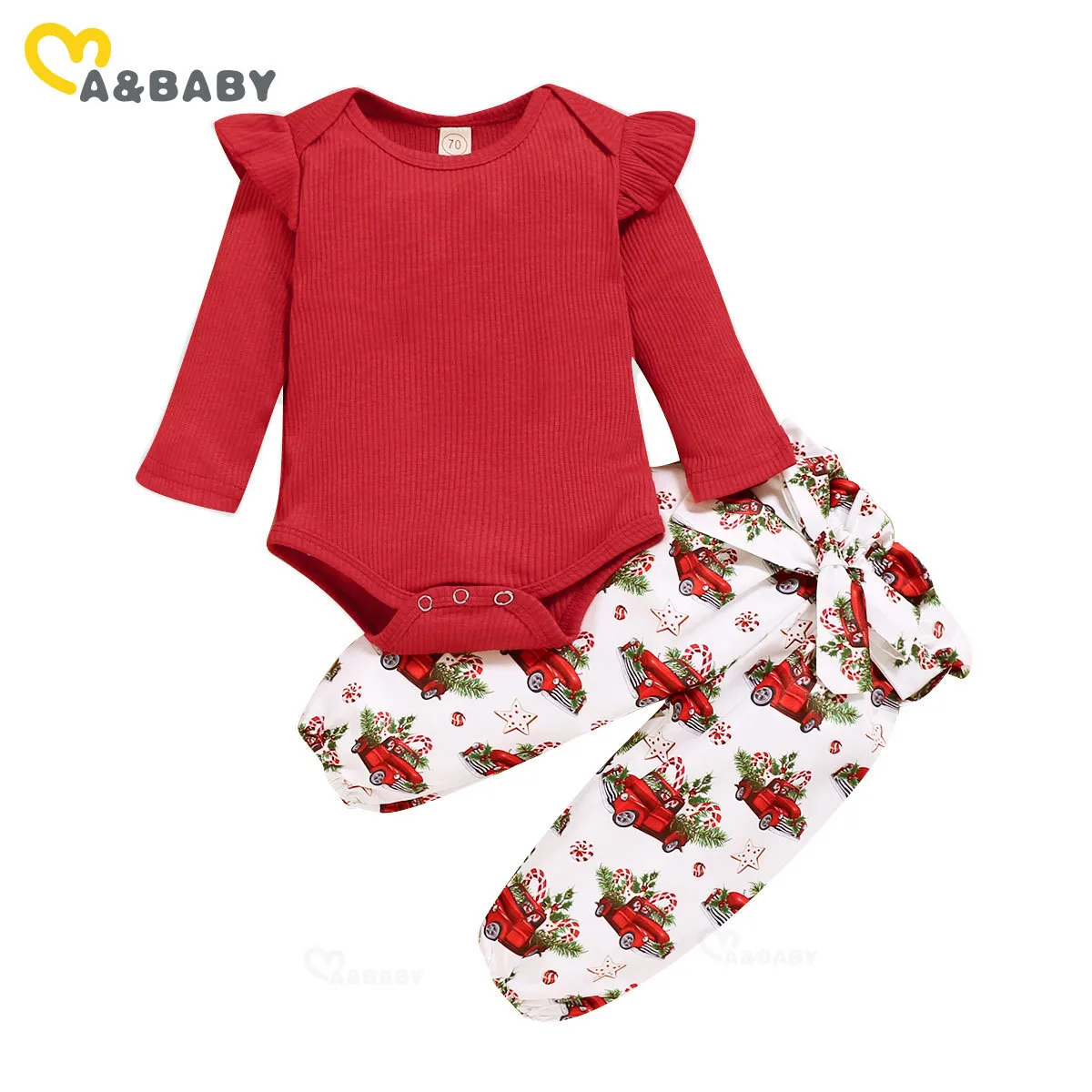 0-18m Bebê de Natal Bebê Roupas Vermelhas Conjunto de Ruffles Romper Cartoon Car Dos Desenhos Animados Carro Calças de Curva de Xmas Fatos Festa 210515