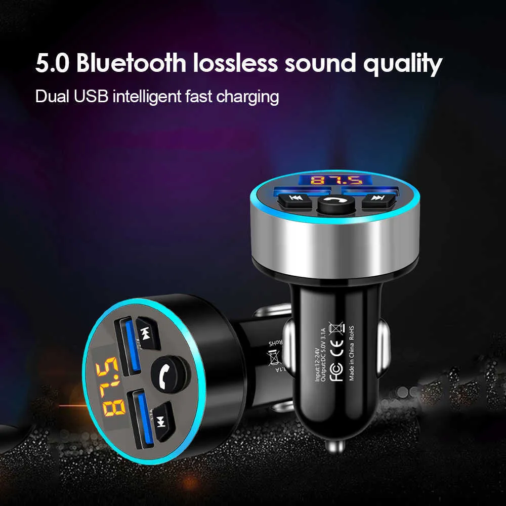 Bluetooth 5 0 QC 3 0 3 1A Charge rapide carte TF u-disk lecteur MP3 accessoires de téléphone transmetteur FM chargeur de voiture lumière LED Ring201G