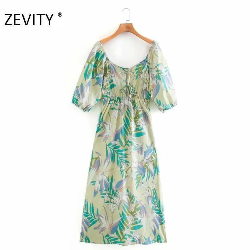 ZEVITY Kadınlar Tropikal Baskı Baskı Slash Boyun Casual Ince Midi Elbise Kadın Kısa Kollu Vestido Chic İş Elbiseleri DS4409 210603